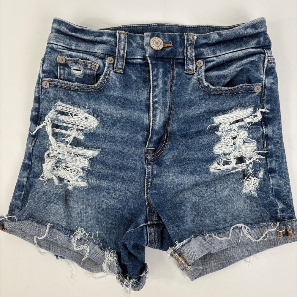 American Eagle Women's Curvy Hi-Rise Shortie Distressed Blue‎ Denim Shorts 000